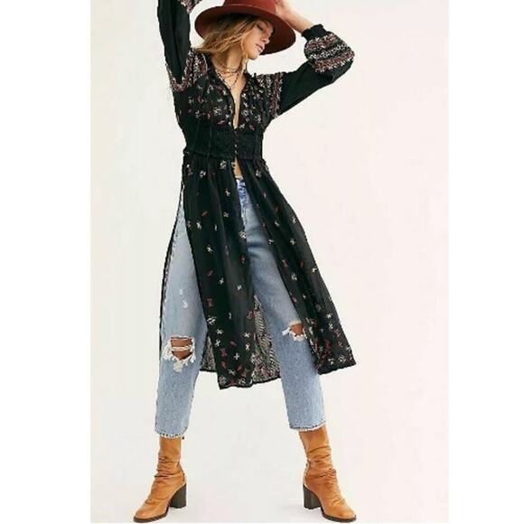 Free People NWT Mykonos Embroidered Open Front Duster Dress Black Women's Large - Picture 3 of 12